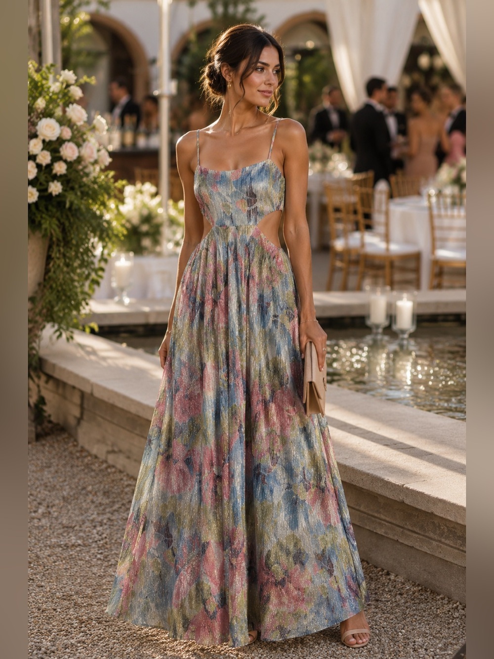 Liv Foster Floral Cutout Maxi Dress Size 4 Metallic Pleated Wedding Guest Gown